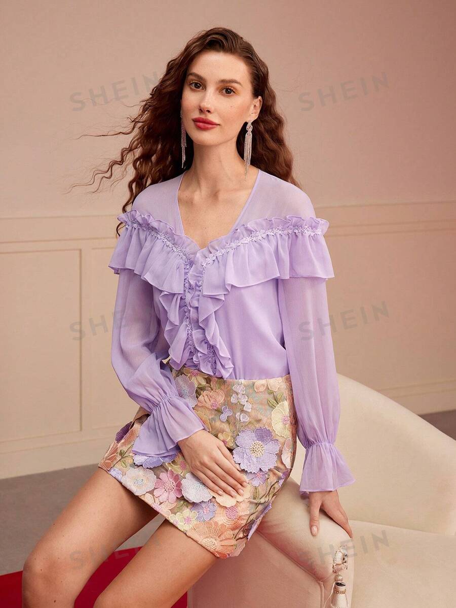 MOTF PREMIUM Blusa con volantes de encaje en contraste, Día de San Valentín