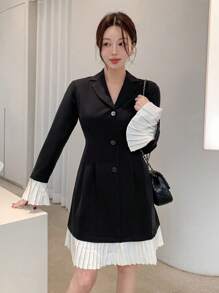 DAZY Women Mid-Calf Length Contrast Hem Dress,Fall Dress Long Sleeve Dress - Black - View 5