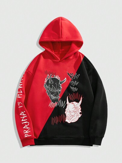 Street Life Sudadera con capucha de hombre con estampado de bloque de color y letra de dibujos animados