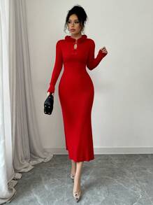 SHEIN Unity 女士优雅针织裹身红色连衣裙，纯色中国风长袖毛衣连衣裙，冬季新年 - 紅色 - 查看 6