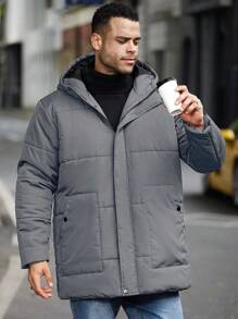 Manfinity CasualCool Plus Size Men's Solid Color Zip Closure Hooded Casual Winter Jacket