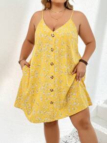 SHEIN CURVE+ Plus Size Women's Spring/Summer Yellow Ditsy Floral Spaghetti Strap Button Decor Casual Dress Boho Vacation,Beach Dress Sundress,Holiday Outfits
