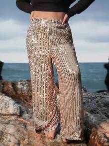 SHEIN VCAY Pantalones anchos elegantes con cintura elástica, adornados con perlas para mujer talla grande. Ropa de Navidad para mujer, ropa de invierno navideña, ropa estilo Y2K, conjunto de mujer para año nuevo, atuendo de vacaciones, pantalones brillantes y con lentejuelas, trajes de rave, ropa de festival, pantalones estilo Y2K, atuendo del Día de San Valentín, ropa románica