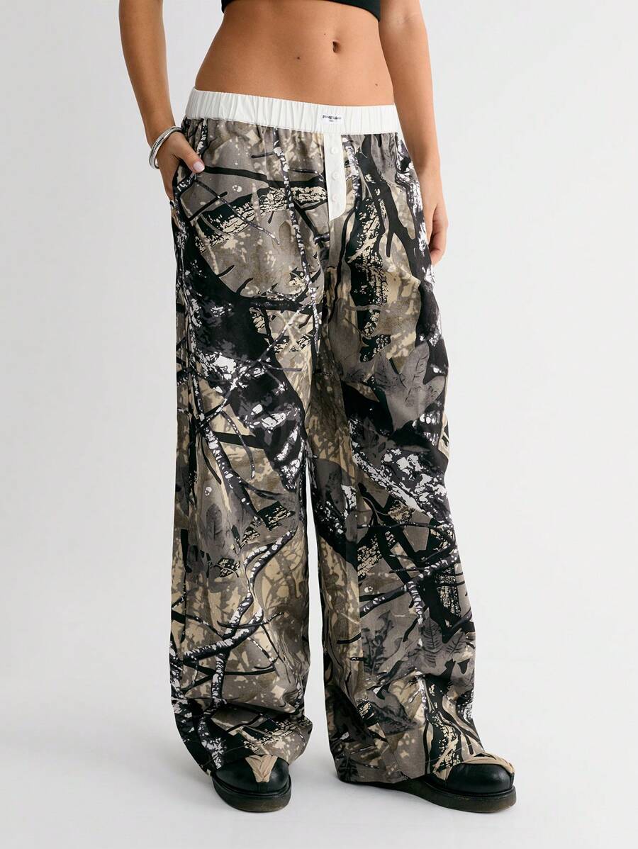 StreetHx Street Style Wide Leg Letter & Camo Print Baggy Pants With Pockets Fall Cloth For Women - Multicolor - View 1
