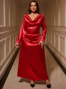 SHEIN Clasi Vestido largo de satén elegante en color rojo sólido con espalda drapeada y manga larga para mujeres curvy talla plus, apropiado para fiestas de invitados y bailes, atuendo de San Valentín