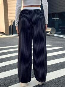 SHEIN ChicEase Women's Straight-Leg Relaxed Fit Casual Striped Pants With Pockets