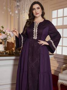 Al Najma Vestido acampanado de satén jacquard de cuello redondo y manga acampanada, corte ajustado, talla grande para mujer