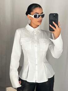 SHEIN ICON Camisa de manga larga con rayas para mujer, con bolsillos, bajo con abertura y cintura ajustada, para otoño