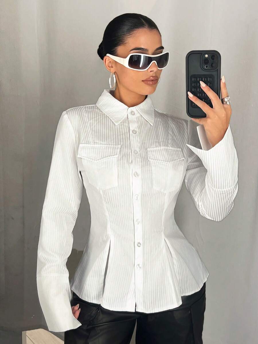 SHEIN ICON Camisa de manga larga con rayas para mujer, con bolsillos, bajo con abertura y cintura ajustada, para otoño