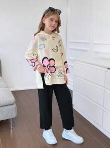 SHEIN 2 件/套 Tween 女孩休闲运动街头服饰涂鸦、卡通心形和英文图形宽松超大长袖连帽衫和罗纹紧身慢跑裤，适合春季、秋季、冬季、家居服和户外穿着 - 黑色 - 查看 2