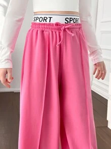 SHEIN Tween Girls Loose Fit Drawstring Waist Wide Leg Long Sweatpants - Watermelon Pink - View 3