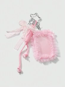 ROMWE Kawaii 1pc INS Korean Style Handmade Beaded White Faux Pearl & Pink Crystal Lace Bow Card/ID Badge Holder With Adjustable Lanyard Rope, Keychain Bag Charm, Suitable For Office Workers, Students, Daily Wear, Holiday Gift