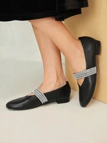 MOTF PREMIUM WOMEN'S CASUAL & COMFORTABLE BUCKLE DESIGN RHINESTONE MARY JANE SQUARE TOE FLAT SHOES, VERSATILE COMMUTING - Black - View 3