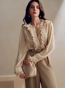 Anewsta Blusa elegante y moderna con cuello redondo y mangas con volantes, adecuada para el Día de San Valentín, vacaciones, Año Nuevo - Albaricoque - Ver 1