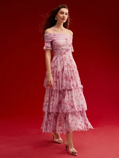 MOTF PREMIUM 花卉印花飘逸露肩连衣裙，情人节装