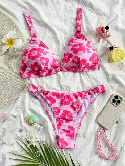 Soleia Set de 2 bikinis con cuello en V con estampado floral para mujeres, trajes de baño para mujeres, atuendos de vacaciones para mujeres, atuendos de verano para mujeres, atuendos de playa para mujeres