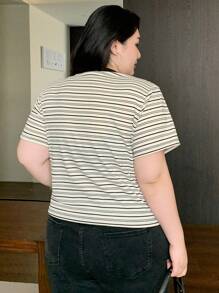 Dazy Plus Große Größen Kontrast Farbblock Rundhals gestreiftes Kurzarm figurbetontes T-Shirt, Frühling/Sommer, Lehrer - Aprikosenfarben - Übersicht 3