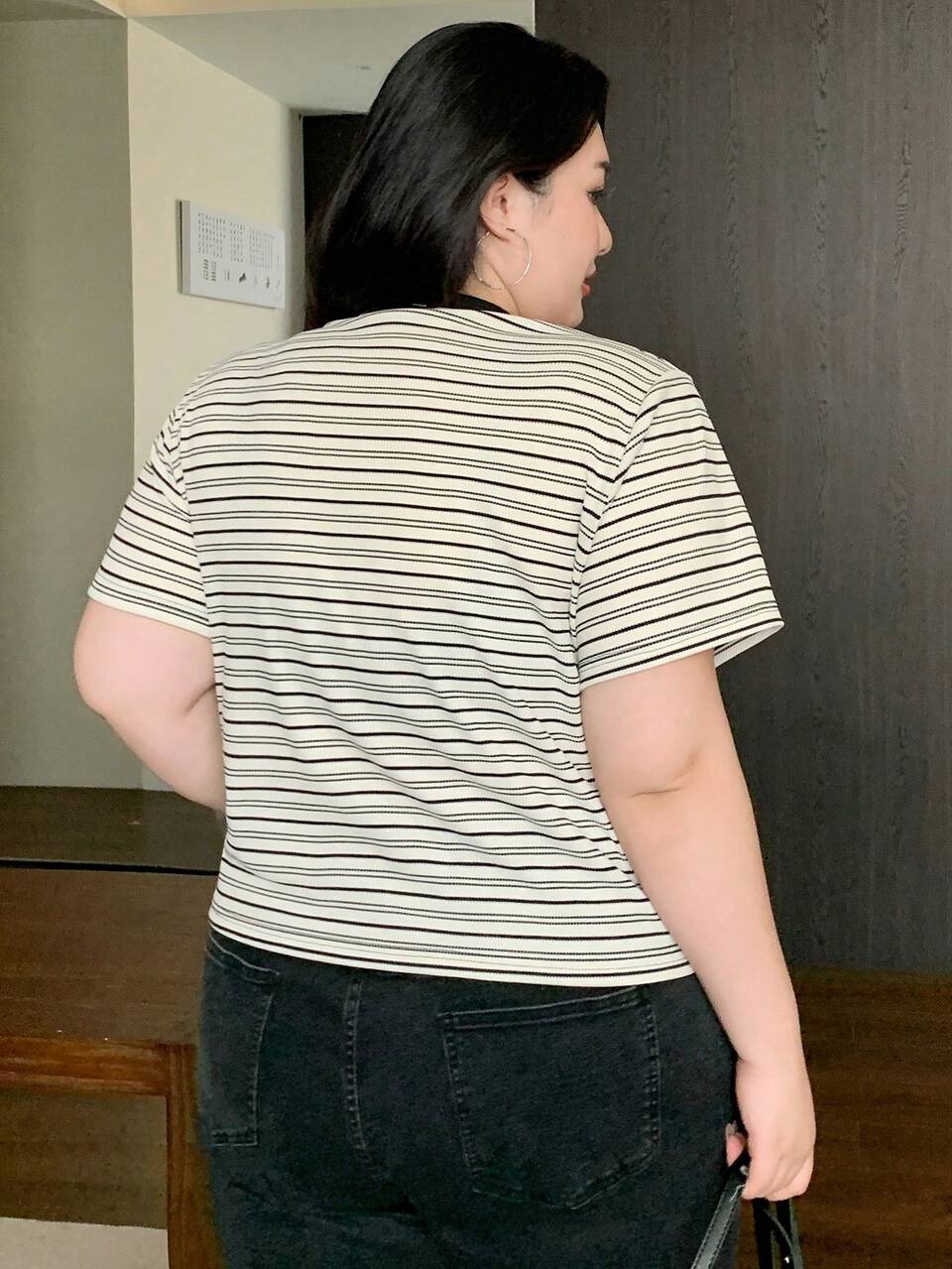 Dazy Plus Plus Size Contrast Color Block Round Neck Striped Short Sleeve Fitted T-Shirt, Spring, Summer, Teacher