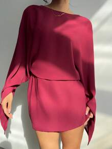 Aloruh Elegant Boat Neck Long Sleeve Batwing Sleeve Versatile Vintage Burgundy Shift Dress For Commuting - Burgundy - View 5