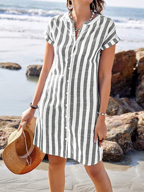 EMERY ROSE Vestido casual de verano de longitud a la rodilla, de manga corta, escote en V y a rayas, con botones hacia abajo