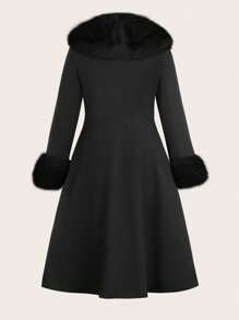 Flirla Plus Size Long Sleeve Jacket With Fur Collar And Double-Breasted Button Closure - Black - View 2