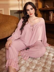PalaceNights Conjunto de ropa de estar en casa de talla grande con encaje, parches, cuello con volantes, lazo decorativo y mangas acampanadas