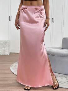 Chiquease 优雅浪漫美人鱼裙，纯色，松紧腰带，侧开衩，蝴蝶结装饰，超长中长裙 - 粉色 - 查看 3