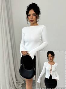 SHEIN Unity 秋冬季双面穿套头毛衣，后背带扣设计，针织套头衫 - 白色 - 查看 3