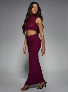 MISSGUIDED Embellished Mesh High Neck Sleeveless Crop Top And Drape Mesh Maxi Skirt Two Piece Co Ord Set