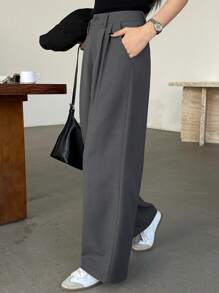 DAZY Women's Solid Color Front Button Pocket Casual Pleated Loose Suit Pants,Women Dress Pants