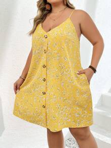 SHEIN CURVE+ Plus Size Women's Spring/Summer Yellow Ditsy Floral Spaghetti Strap Button Decor Casual Dress Boho Vacation,Beach Dress Sundress,Holiday Outfits