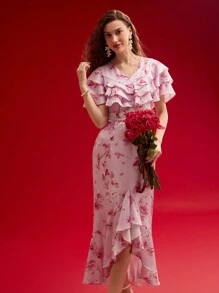 MOTF PREMIUM Vestido fluido con estampado floral y ribete de volantes, conjunto para el Día de San Valentín - Rosa - Ver 7