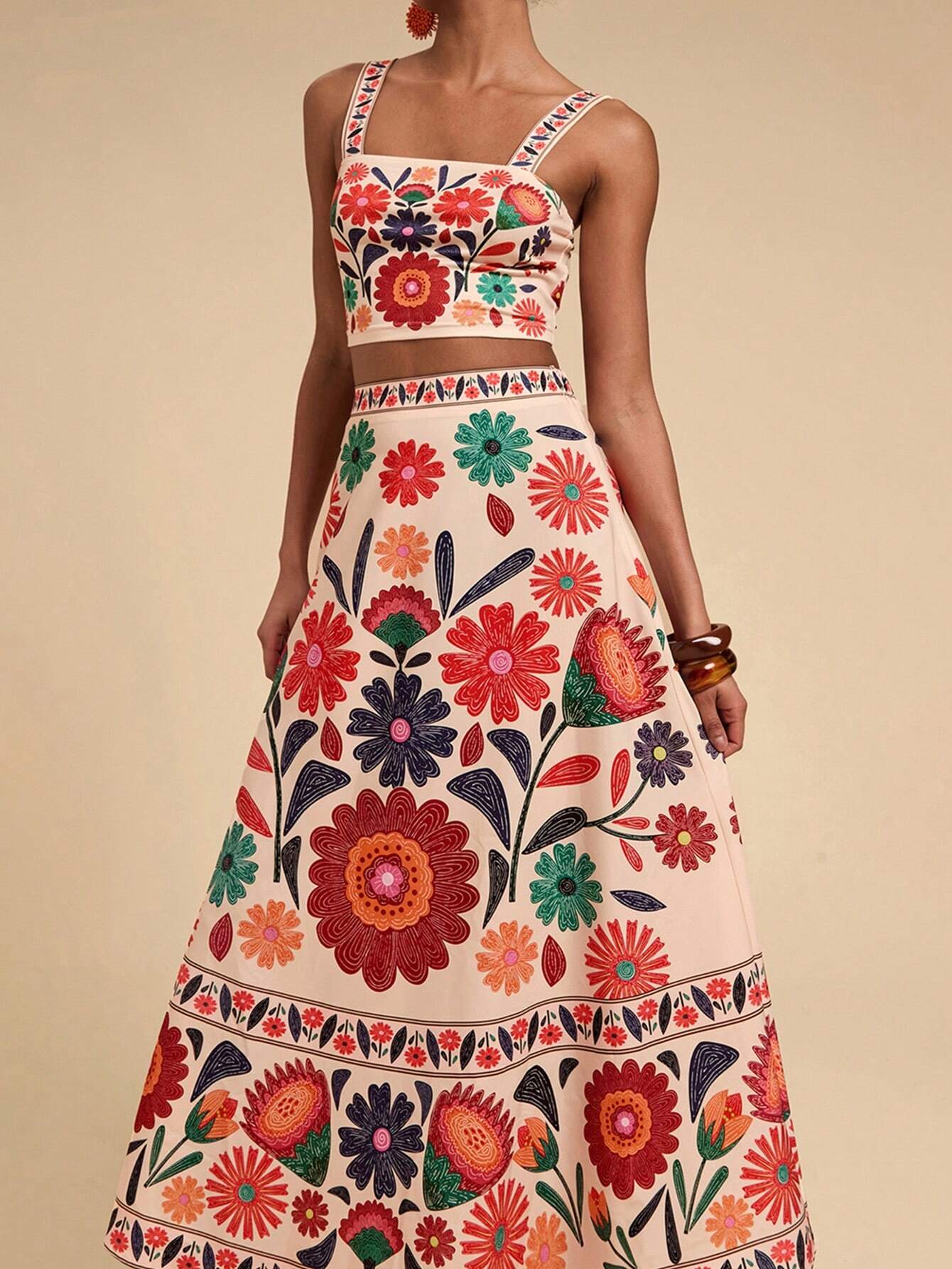 Travachic 2 Peças/Conjunto Mulher Top Cropped e Saia de Cintura Alta Impressos, Conjunto para Férias - Bege - Visão 1