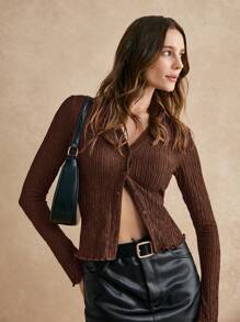 Poéselle 女士纯色前扣长袖休闲 T 恤，日常穿着 - 咖啡棕 - 查看 1