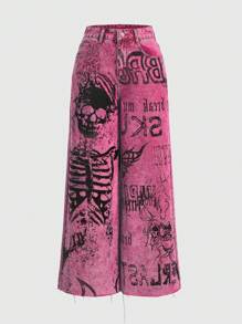 ROMWE Grunge Punk Spring/Summer Carnival Party Graphic Pink Punk Music Festival Pink Y2K Gyaru Baddie Skeleton & Gothic Letter Print Jeans Boy Friend Jeans - Pink - View 2