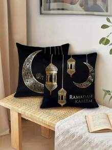 2pcs Golden Stamping Black Decorative Ramadan Throw Pillow Covers, 17.7*17.7Inch Eid Gifts Cushion Cases For Eid Mubarak And Ramadan Kareem, Home Decoration Pillowcases, For Porch Patio Couch Sofa Living Room Outdoor, Without Pillow Inserts