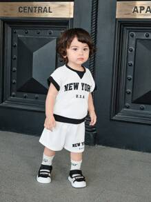 SHEIN Leap Crew Baby Boy Sporty Casual Stripe Print Short Sleeve T-Shirt & Shorts 2Pcs Set, Suitable For Spring & Summer - Black and White - View 5