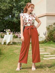 2pcs/Set Teen Girl Blue Printed Pants Suit - Rust Brown - View 6