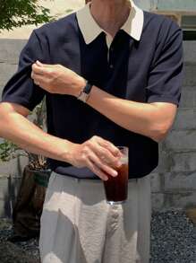 DAZY Men's Contrast Color Collar Patchwork Office Formal Knit Sweater