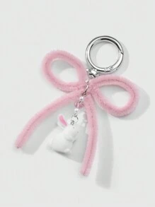 ROMWE Kawaii 2pcs Ins Style Cute & Delicate Fashion Highly Attractive Pink + Blue Flocked Twist Bow Bunny Pendant Keychain & Keyring, Combo Set Suitable For Sisters, BFFs, Couples, Friends, Daily Wear, Holiday Gift