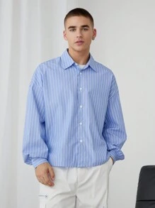Manfinity Unisex 男女通用街头风格宽松落肩条纹长袖衬衫 - 淺藍色 - 查看 2