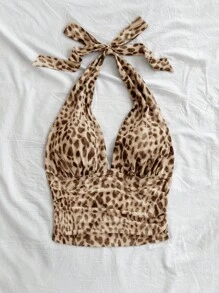 Soleia Women's Vacation Knitted Mesh Leopard Print Halter V-Neck Tie-Bow Ruched Romantic Tank Top, Suitable For Date, Valentine's Day, Sexy, Party, Beach, Cruise, Easter, Carnival, Afternoon Tea - Multicolor - View 7