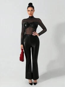 Zolique Women's See-Through Mesh Long Sleeve Sexy Slim Splicing Pu Black Pants Jumpsuit Fall Cloth For Women