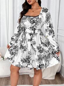 Flirla Sukienka z nadrukiem, elegancka, z długim rękawem i długością do połowy uda - Czarne i Białe - Zobacz 6