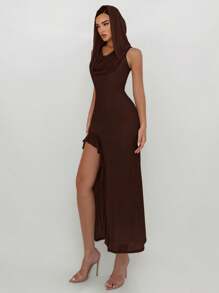 Aloruh Women's Solid Color Hooded Neckline Mesh Ruffle Hem High Slit Extra Long Gray Ruffle Sleeve Bodycon Brown Dress, Dystopian Style - Brown - View 3
