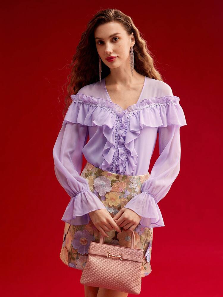 CONTRAST LACE RUFFLE TRIM BLOUSE,VALENTINE'S DAY,SPRING/SUMMER