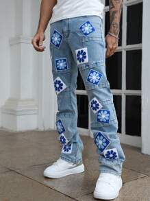 ROMWE MEN Street Life Men's Simple Pocket Embroidery Layered Denim Jeans