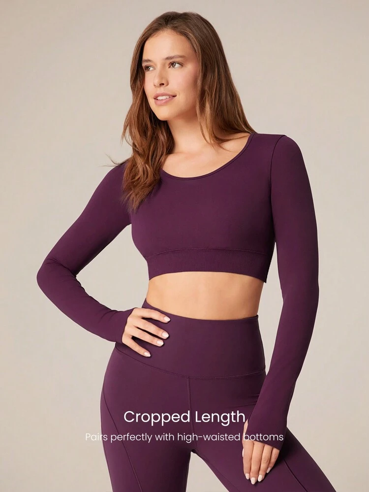 Seamless Fitted Long Sleeve Crop Tee With Lace-Up Back Light Support Low Impact Yoga Pilates Daily