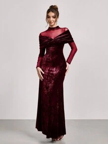 SHEIN Belle Women's Solid Color Form-Fitting Long Sleeve Cocktail Dress With Mesh Inserts, Wedding Guest Dress, Party Dress - Red - View 3