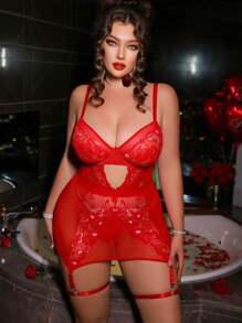Seduluxe 5pcs/Set Plus Size Lace Mesh Patchwork Underwire Lingerie Set, Sexy For Valentine's Day